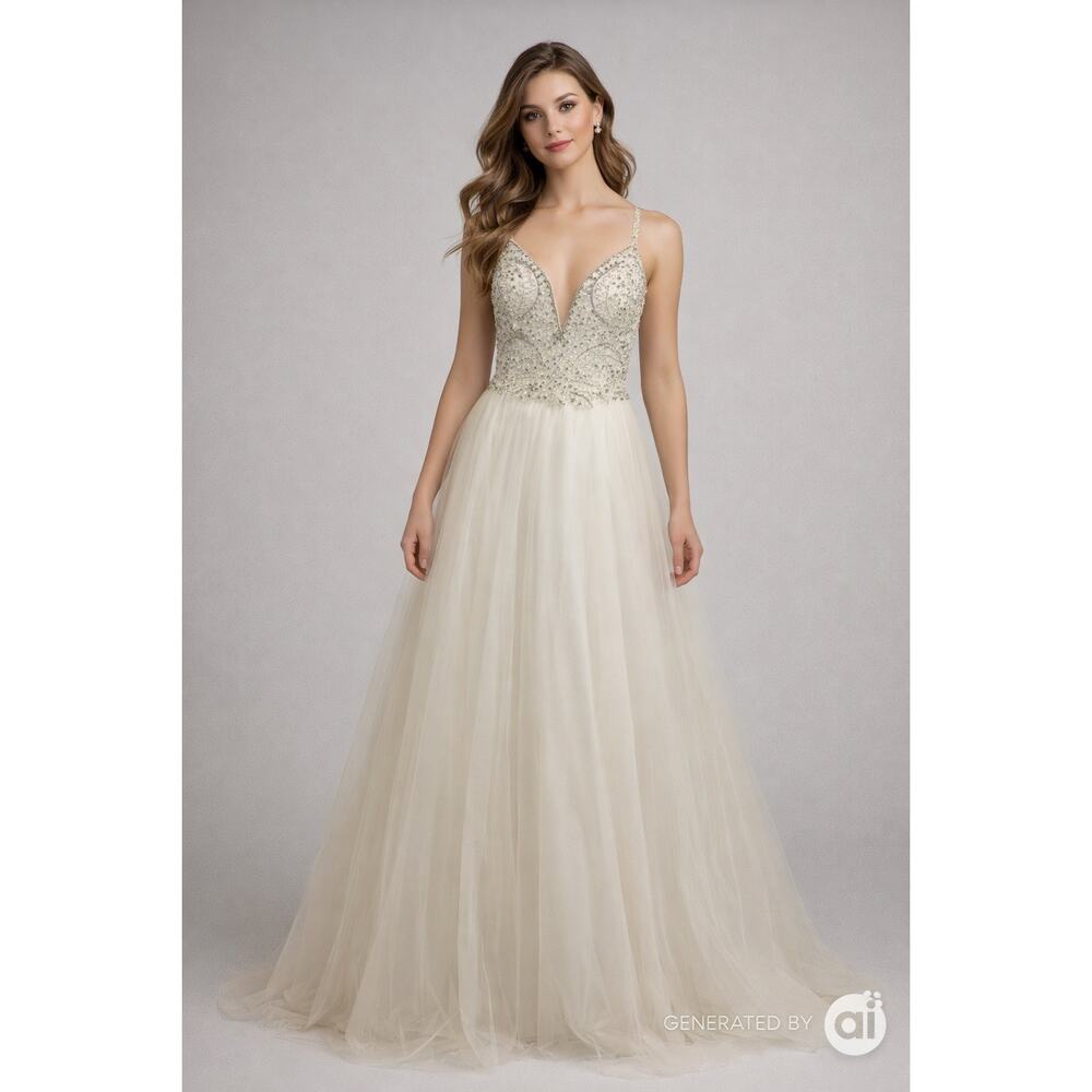JVN by Jovani Ivory Beaded Tulle Prom Gown Formal Dress Deep V Sleeveless Sz 8